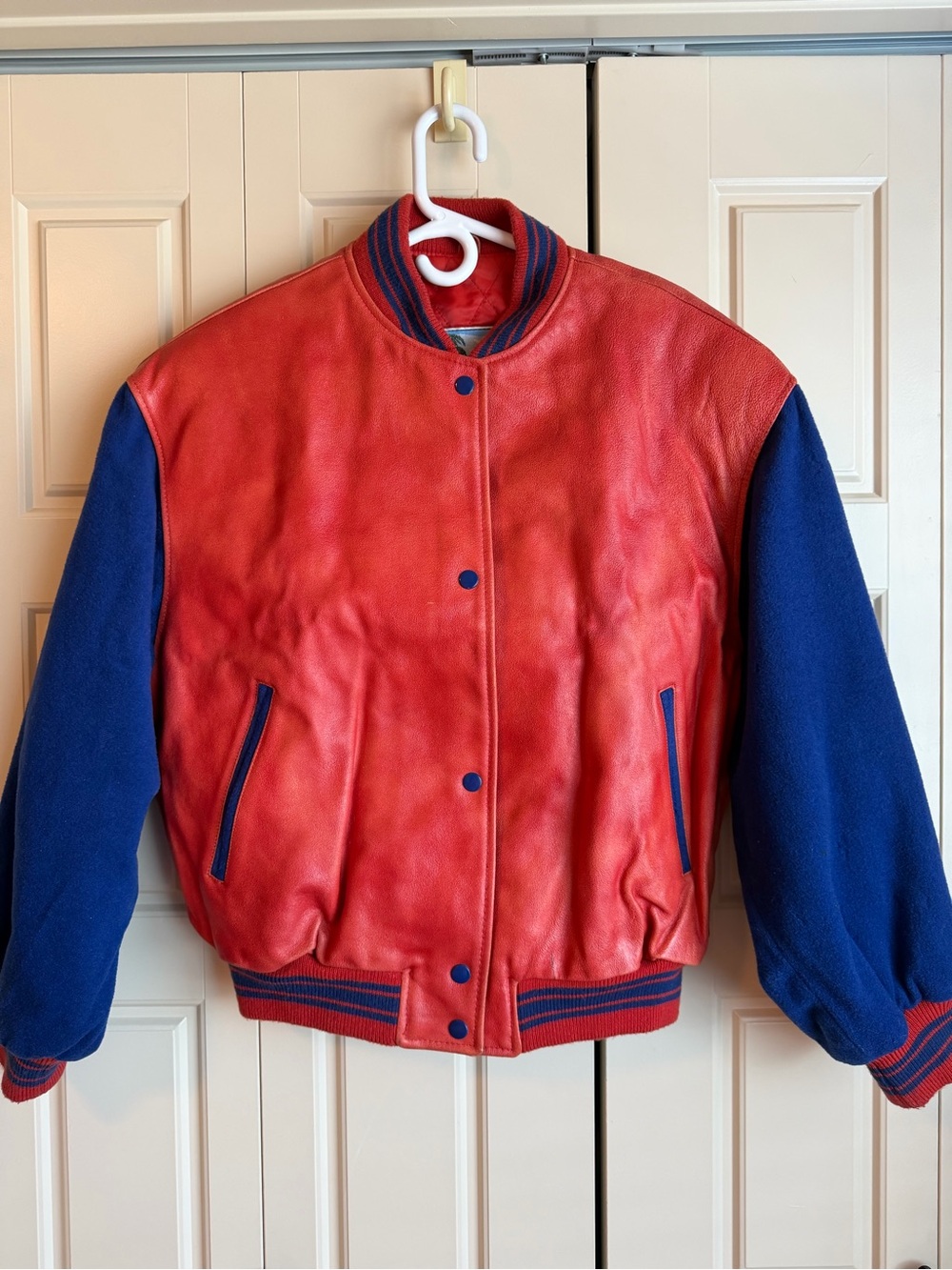 VINTAGE FIND Red, Royal Blue Leather Varsity Jacket, Medium